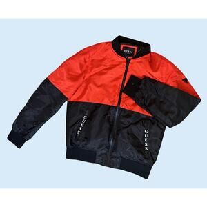 GUESS Men's Nylon Patch Bomber Jacket, Baseball Collar, in Red & Black| Size: M